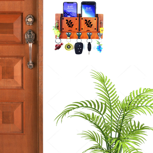 US DZIRE™ 44  Antique Mobile Charging Stand Key Holder, Cloth Hanger Handcrafted Art For Home Decor Living Room Bedroom Wood Key Holder  (7 Hooks, Brown)