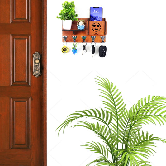 US DZIRE™ 418 Decorative Key Hanger (Brown) Wood Key Holder  (5 Hooks, Brown)