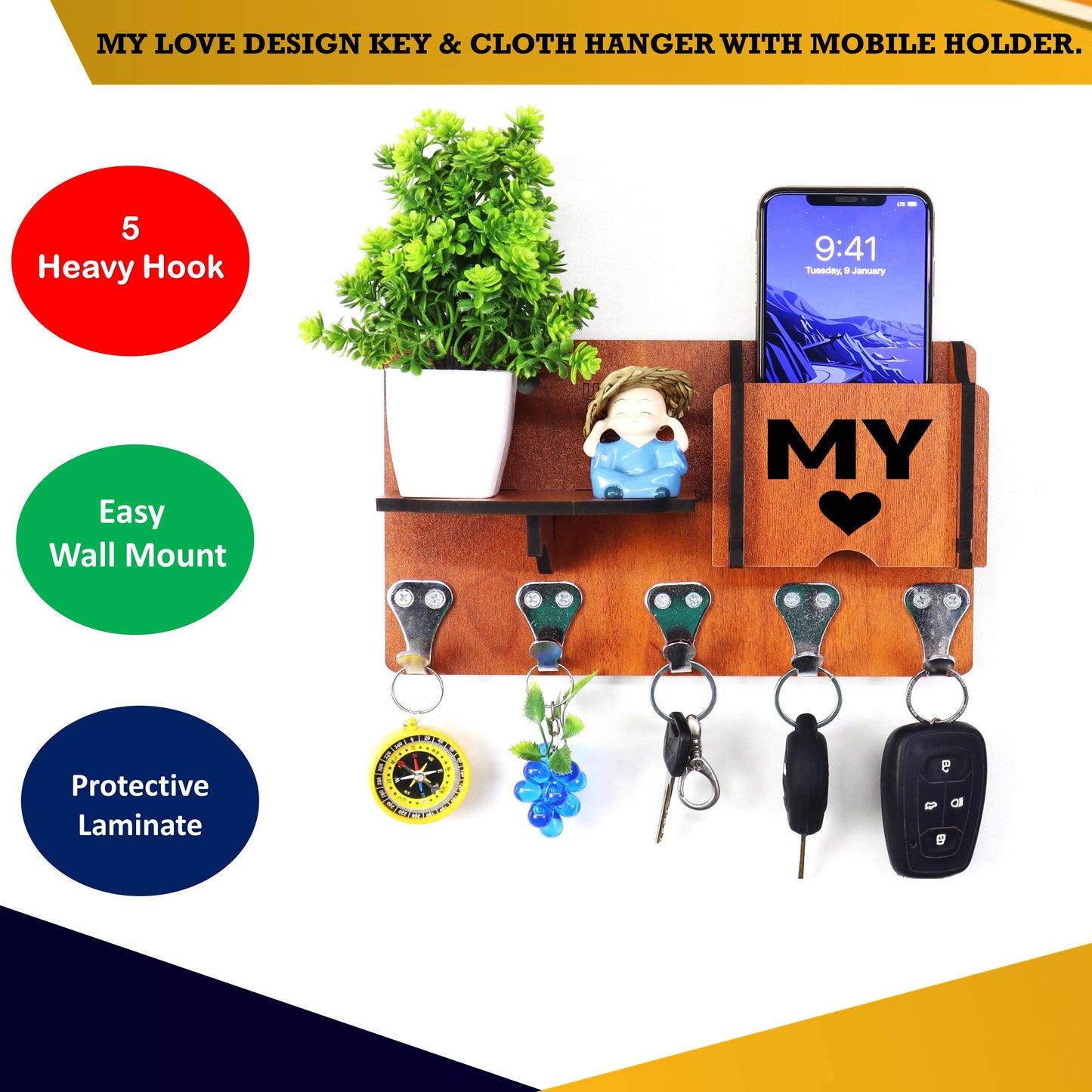 US DZIRE™ 421 Premium Key Holder For Home & Office Wood Key Holder  (5 Hooks, Brown)