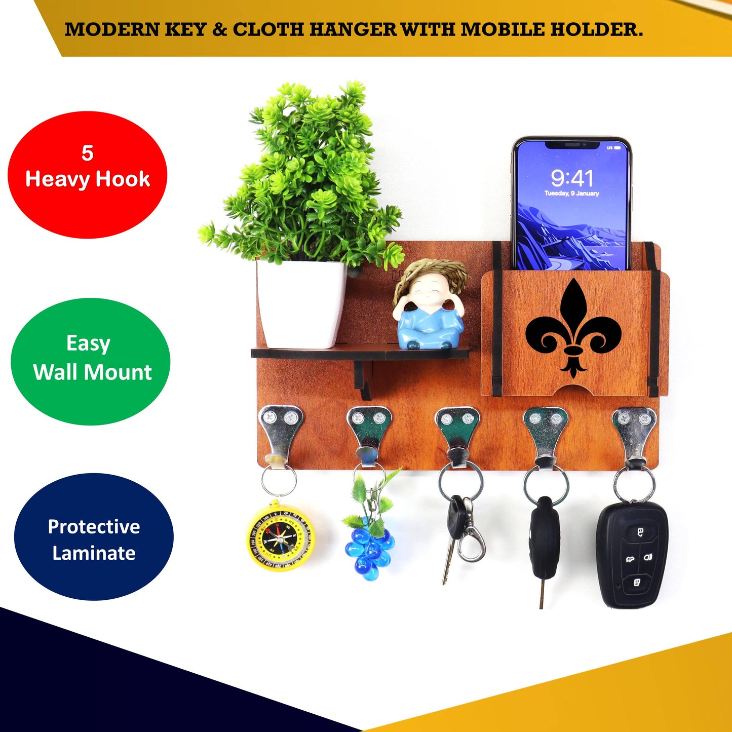 US DZIRE™ 424 Antique Mobile Charging Stand Key Holder, Cloth Hanger Handcrafted Art For Home Decor Living Room Bedroom Wood Key Holder  (5 Hooks, Brown