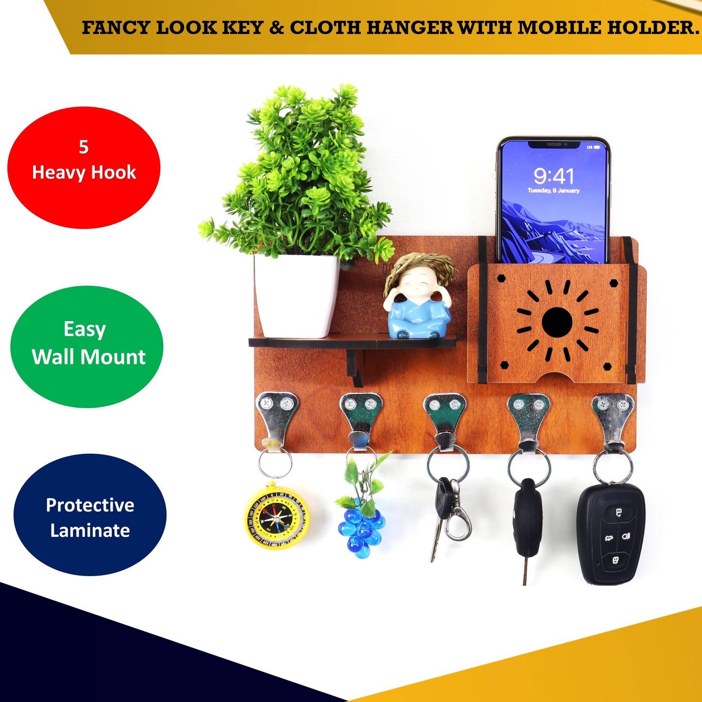 US DZIRE™ 405  Decorative Key Hanger (Brown) Wood Key Holder  (5 Hooks, Brown)
