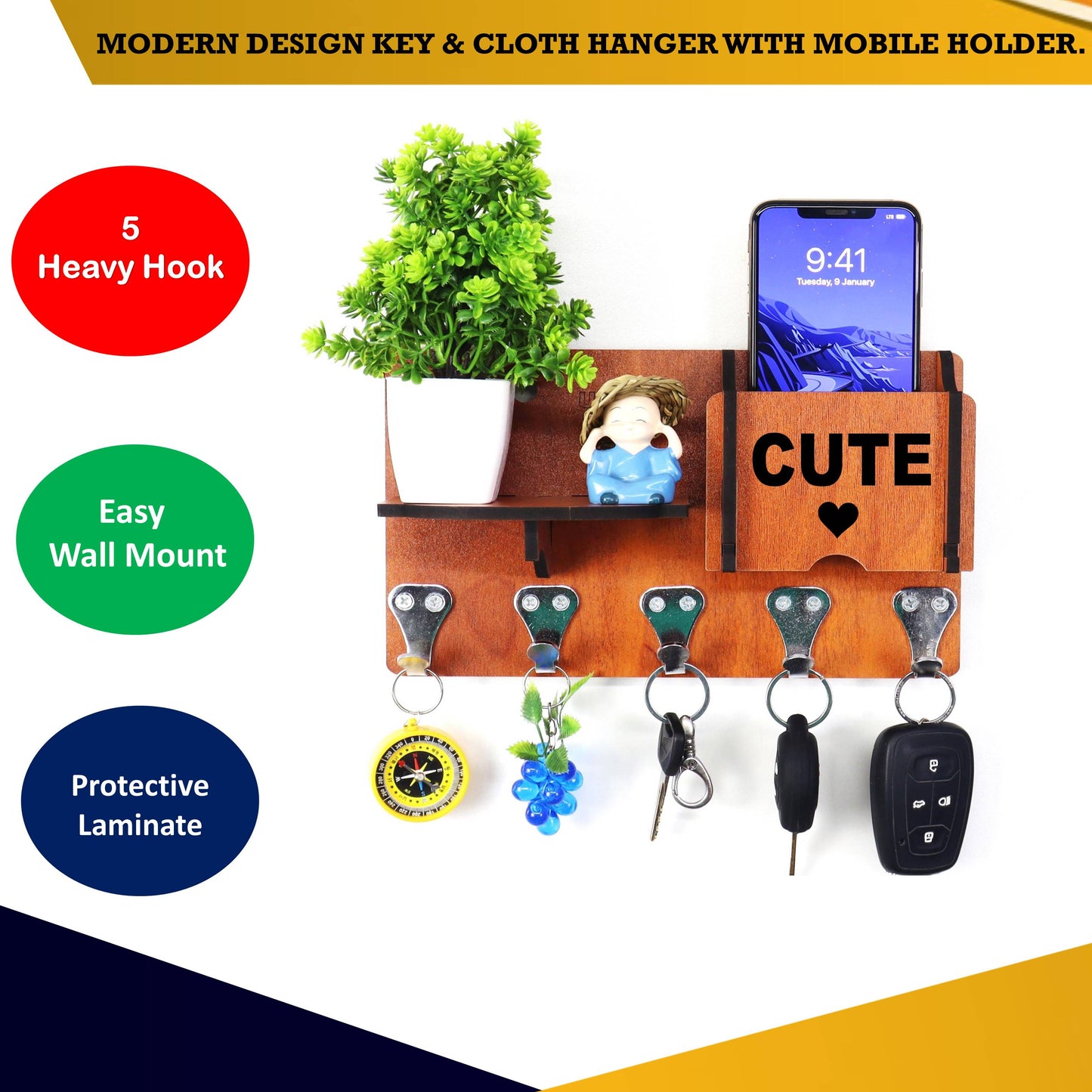 US DZIRE™ 420 Decorative Key Hanger (Brown) Wood Key Holder  (5 Hooks, Brown)