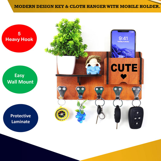 US DZIRE™ 420 Decorative Key Hanger (Brown) Wood Key Holder  (5 Hooks, Brown)
