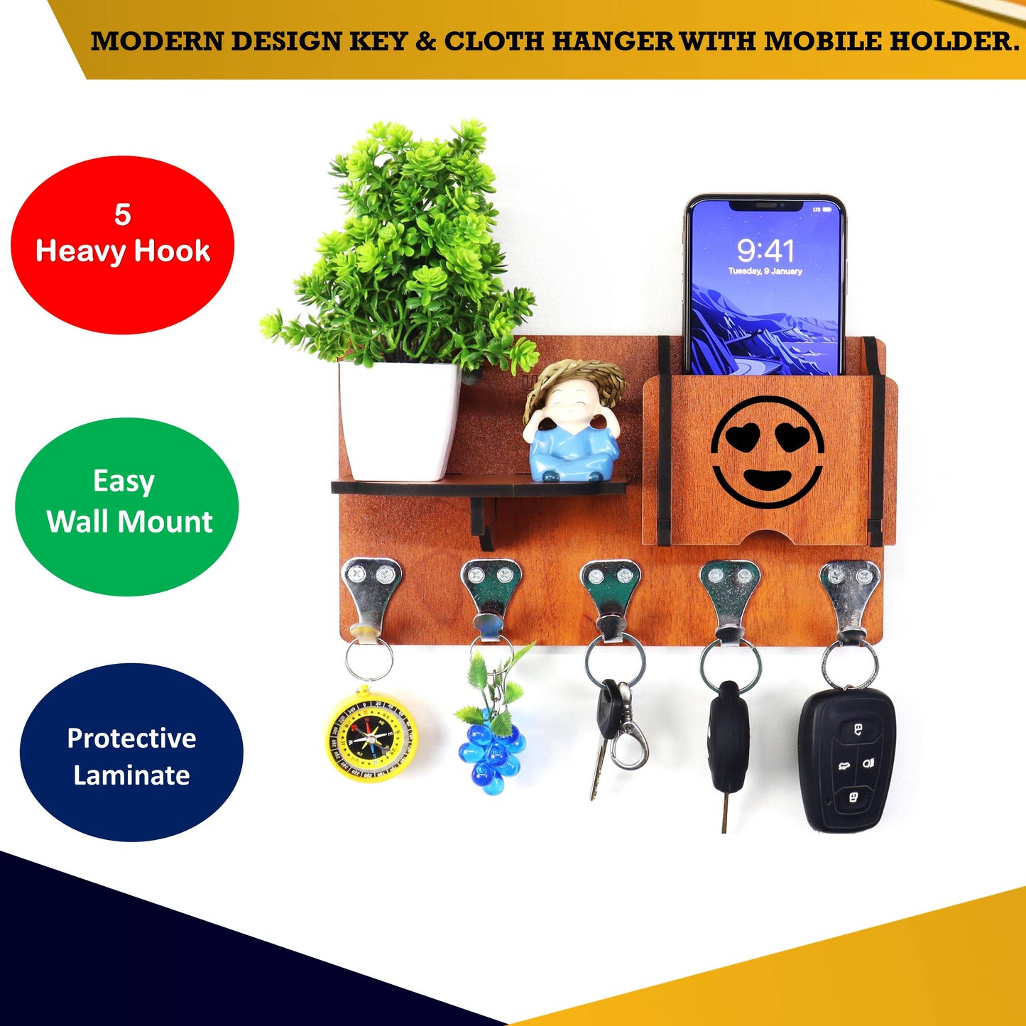 US DZIRE™ 418 Decorative Key Hanger (Brown) Wood Key Holder  (5 Hooks, Brown)