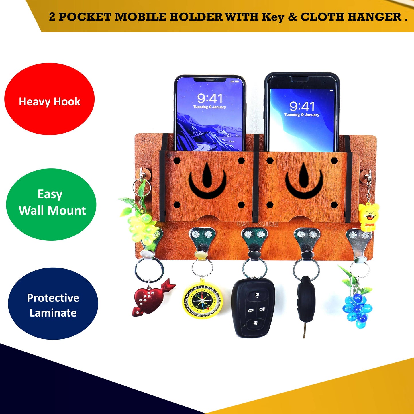 US DZIRE™ 29 Antique Mobile Charging Stand Key Holder, Cloth Hanger Handcrafted Art For Home Decor Living Room Bedroom Wood Key Holder