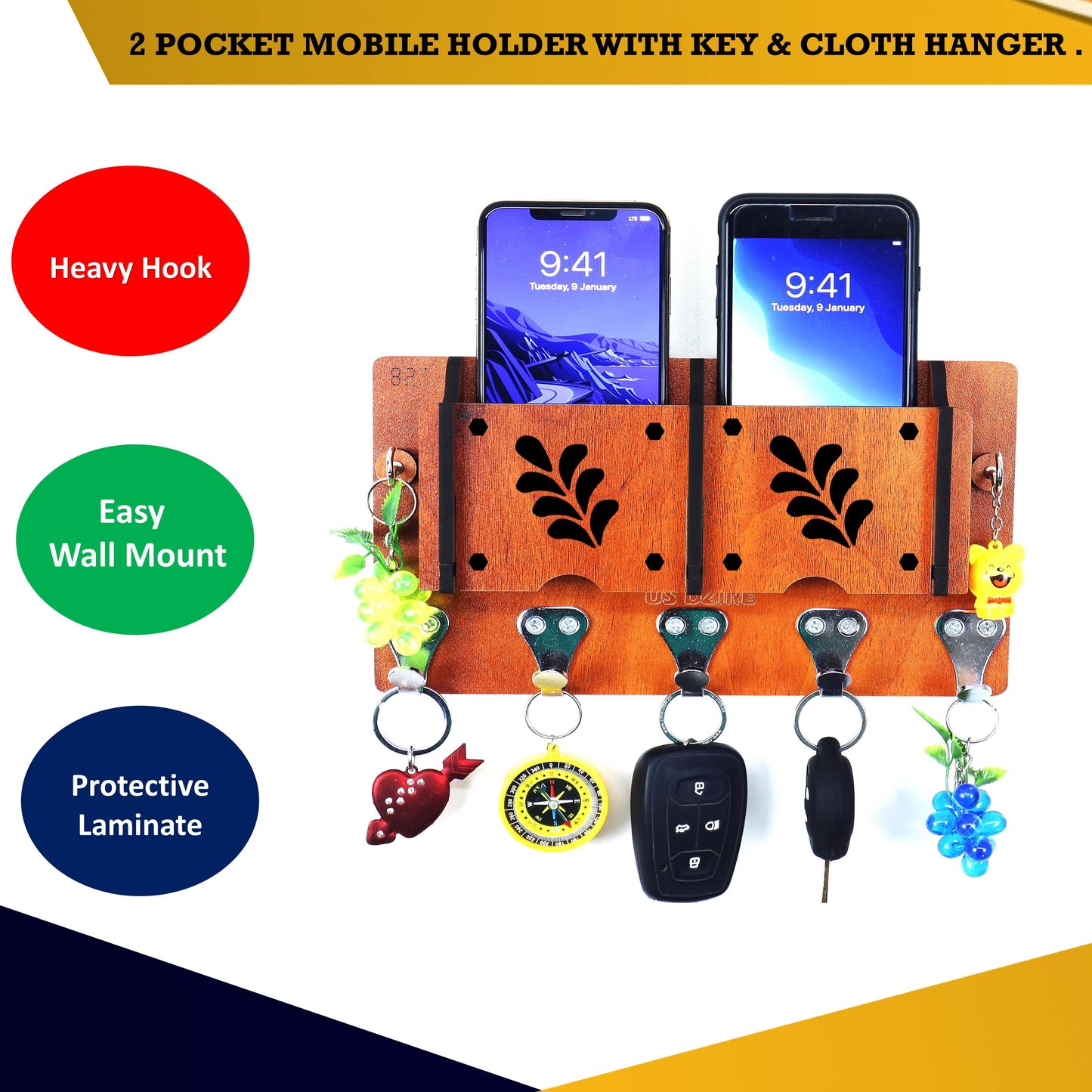 US DZIRE™ 44  Antique Mobile Charging Stand Key Holder, Cloth Hanger Handcrafted Art For Home Decor Living Room Bedroom Wood Key Holder  (7 Hooks, Brown)
