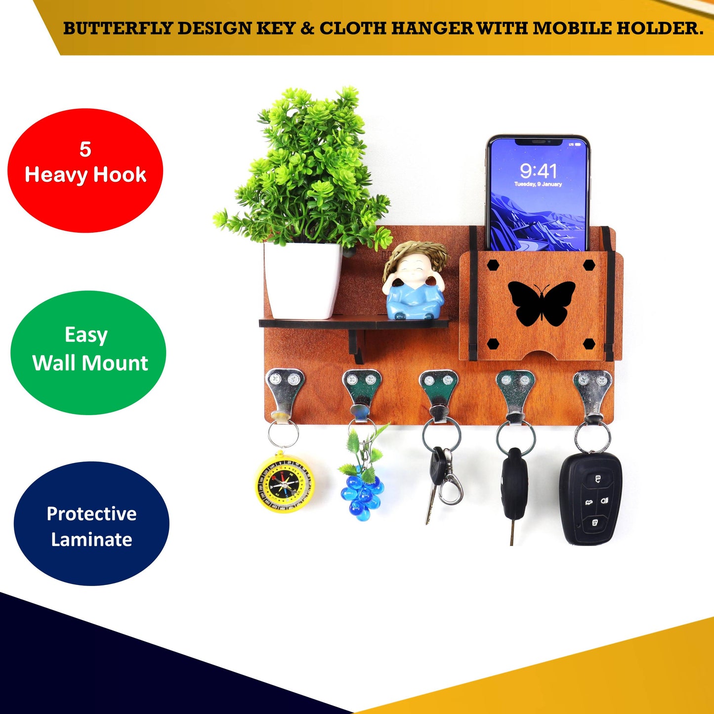 US DZIRE™ 411 Decorative Key Hanger (Brown) Wood Key Holder  (5 Hooks, Brown)