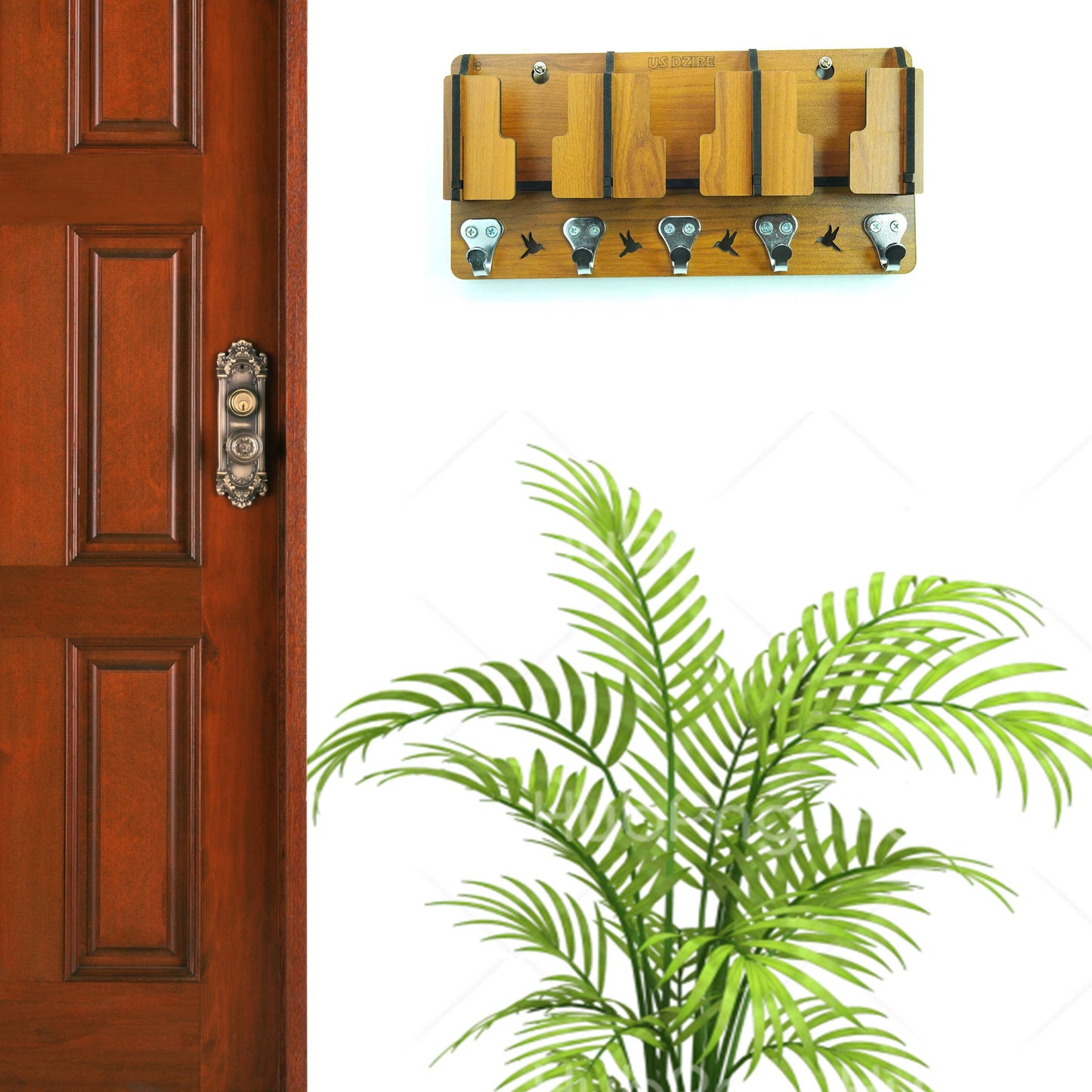 US DZIRE™ 808 Antique Mobile Charging Stand Key Holder, Cloth Hanger Handcrafted Art For Home Decor Living Room Bedroom Wood Key Holder  (7 Hooks, Brown)