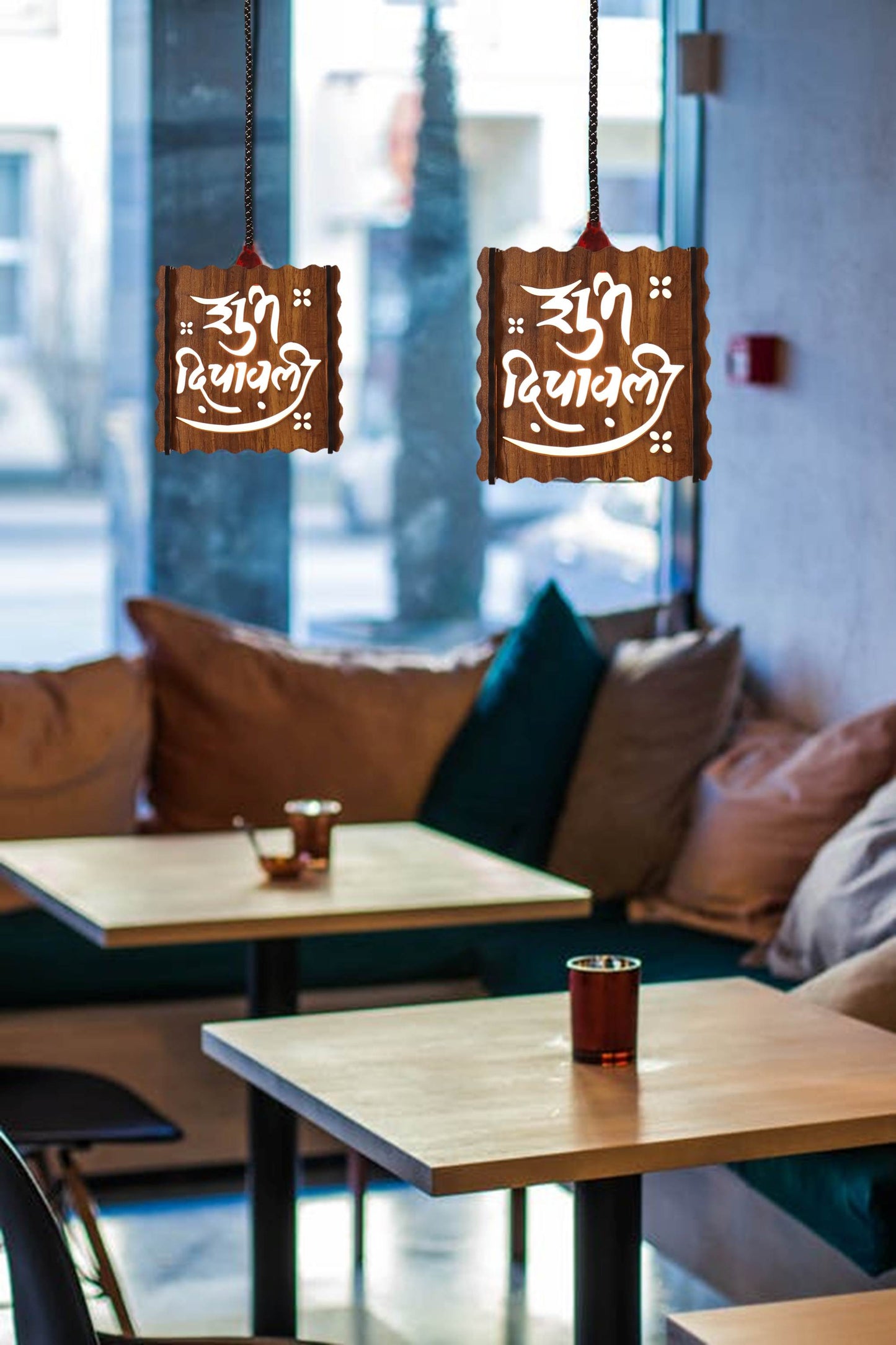 US DZIRE™ 525 Happy Dipawali Wooden Ceiling Pendant Light Shade  Chandelier Style.