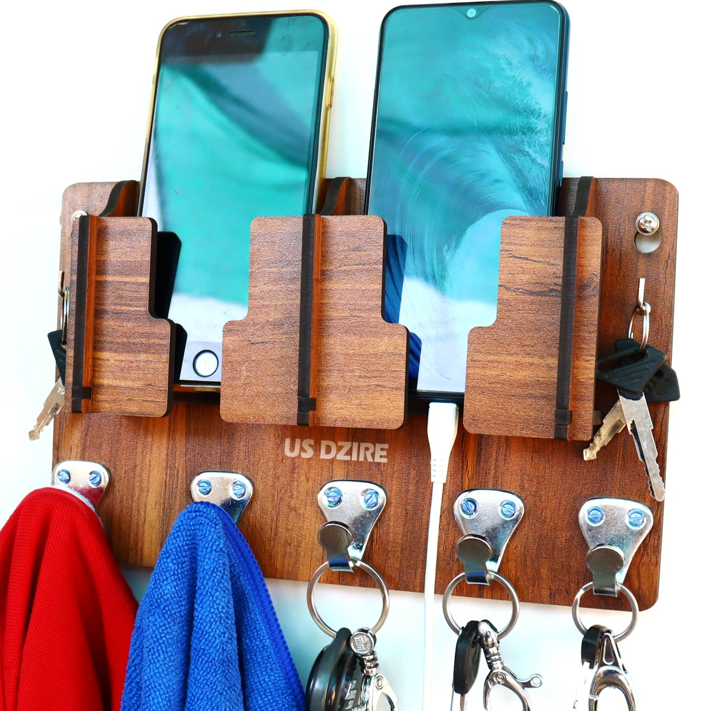 827 Antique Mobile Charging Stand Key Holder, Cloth Hanger for Rumal, Toval Suitable for Wall Home Living Room, Kitchen, Wood, Beige