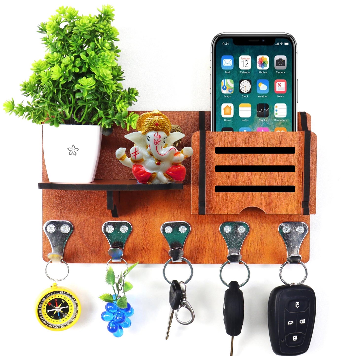 US DZIRE™ 1417 Decorative Key Hanger (Brown) Wood Key Holder  (5 Hooks, Brown)