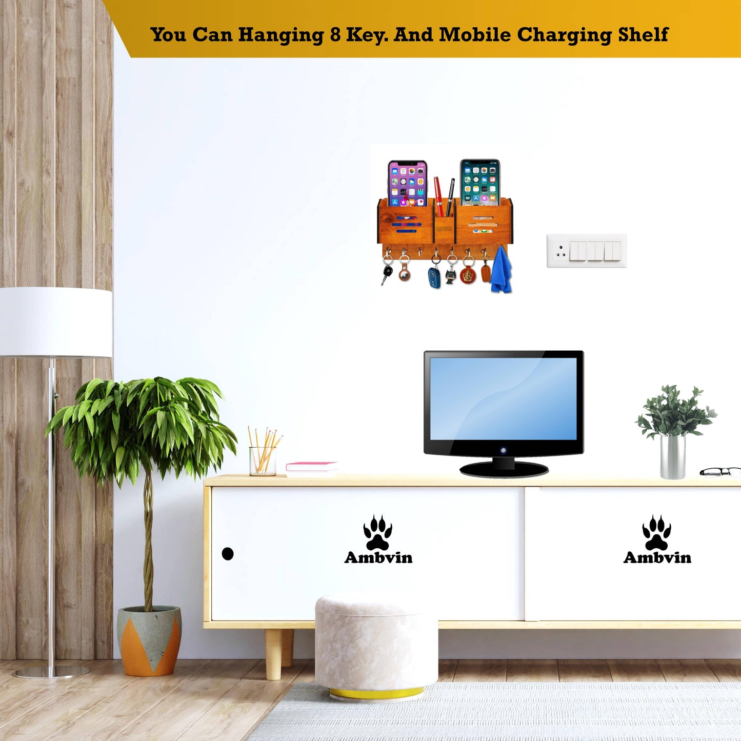 US DZIRE™ 1112 Antique Mobile Charging Stand Key Holder, Cloth Hanger Handcrafted Art For Home Decor Living Room Bedroom Wood Key Holder  (8 Hooks, Brown)
