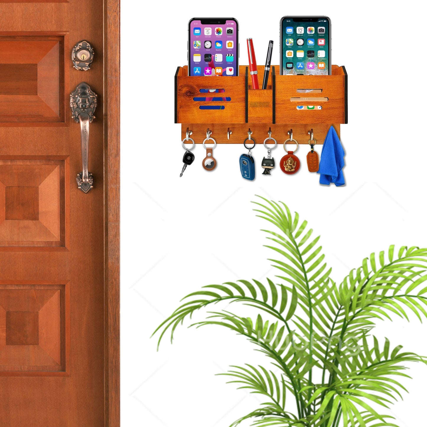 US DZIRE™ 1112 Antique Mobile Charging Stand Key Holder, Cloth Hanger Handcrafted Art For Home Decor Living Room Bedroom Wood Key Holder  (8 Hooks, Brown)