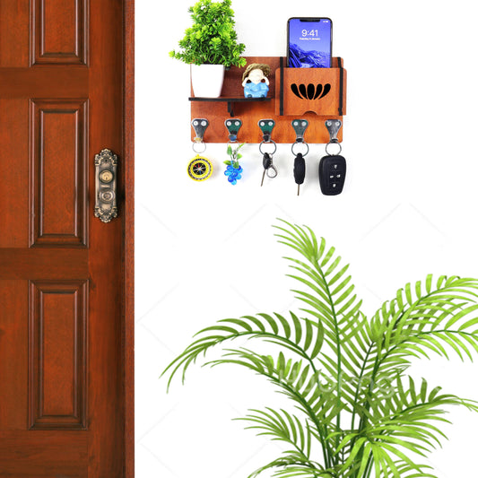 US DZIRE™ 445 Decorative Key Hanger (Brown) Wood Key Holder  (5 Hooks, Brown)