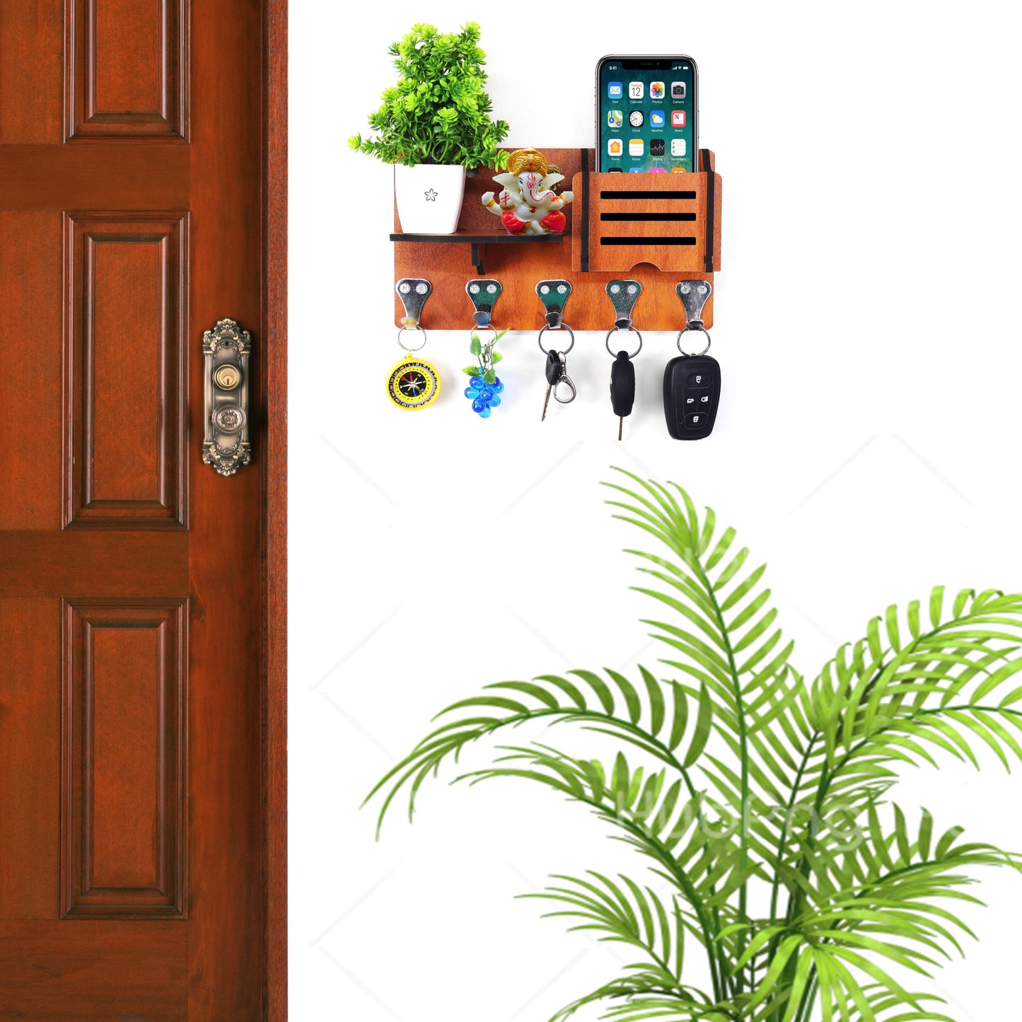 US DZIRE™ 1417 Decorative Key Hanger (Brown) Wood Key Holder  (5 Hooks, Brown)