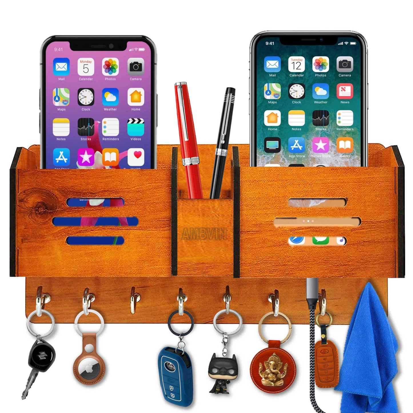 US DZIRE™ 1112 Antique Mobile Charging Stand Key Holder, Cloth Hanger Handcrafted Art For Home Decor Living Room Bedroom Wood Key Holder  (8 Hooks, Brown)