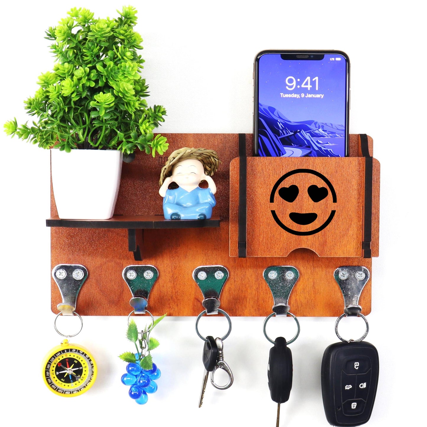 US DZIRE™ 418 Decorative Key Hanger (Brown) Wood Key Holder  (5 Hooks, Brown)
