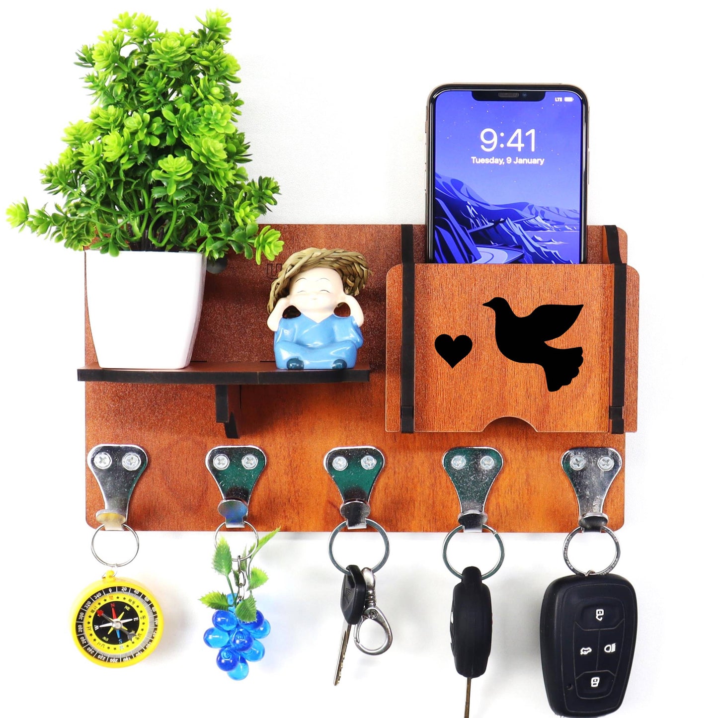 US DZIRE™ 412 Premium Key Holder For Home & Office Wood Key Holder  (5 Hooks, Brown)