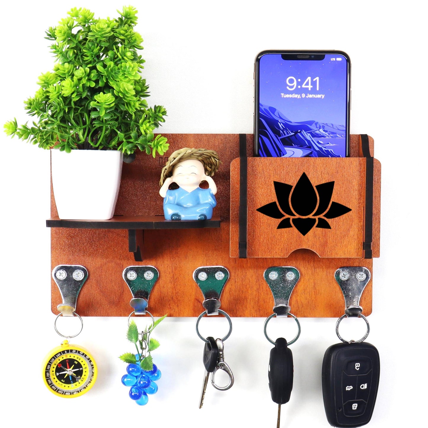 US DZIRE™ 448 Premium Key Holder For Home & Office Wood Key Holder  (5  Hooks, Brown)