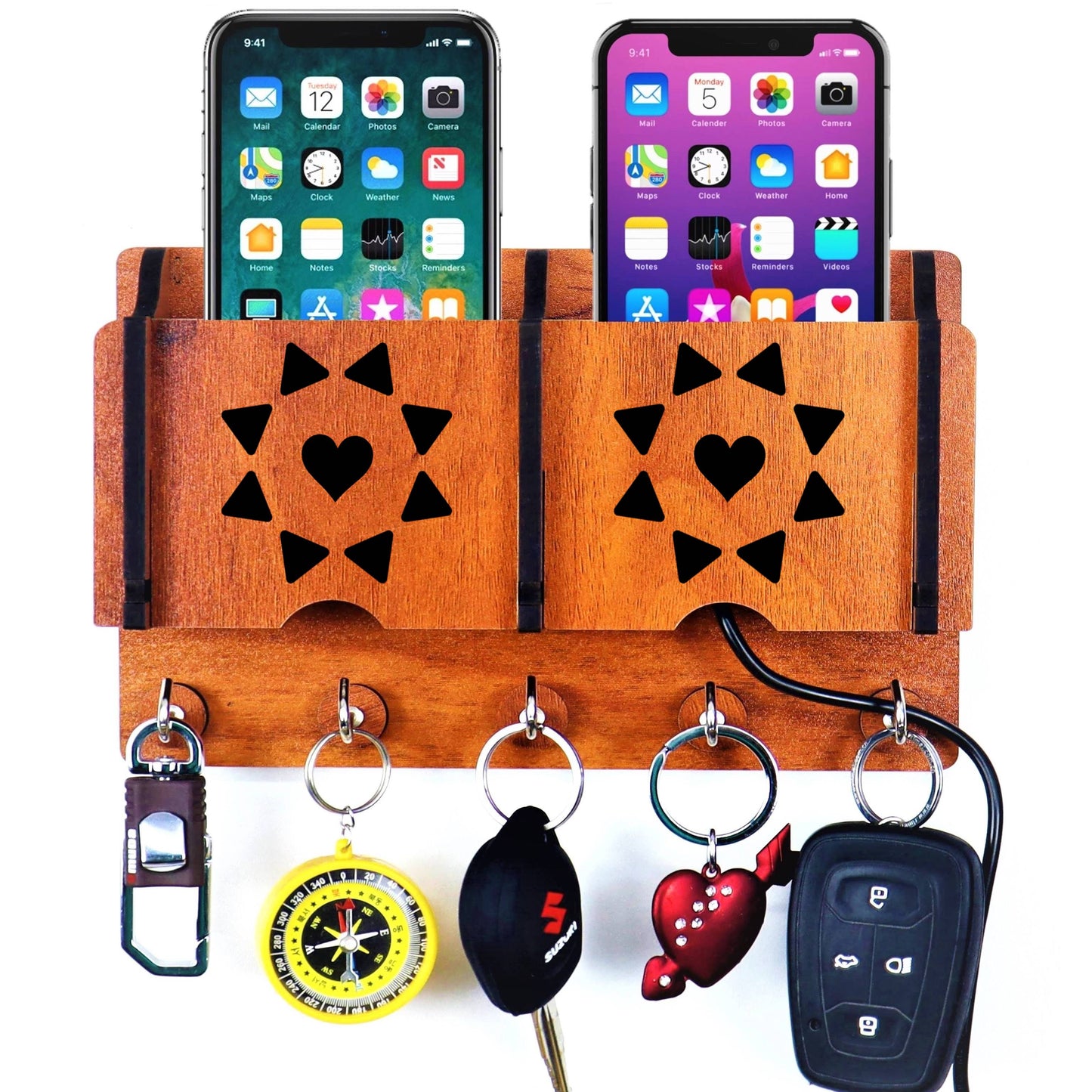 US DZIRE™ 1203 Antique Mobile Charging Stand Key Holder, Cloth Hanger Handcrafted Art For Home Decor Living Room Bedroom Wood Key Holder  (5 Hooks, Brown)