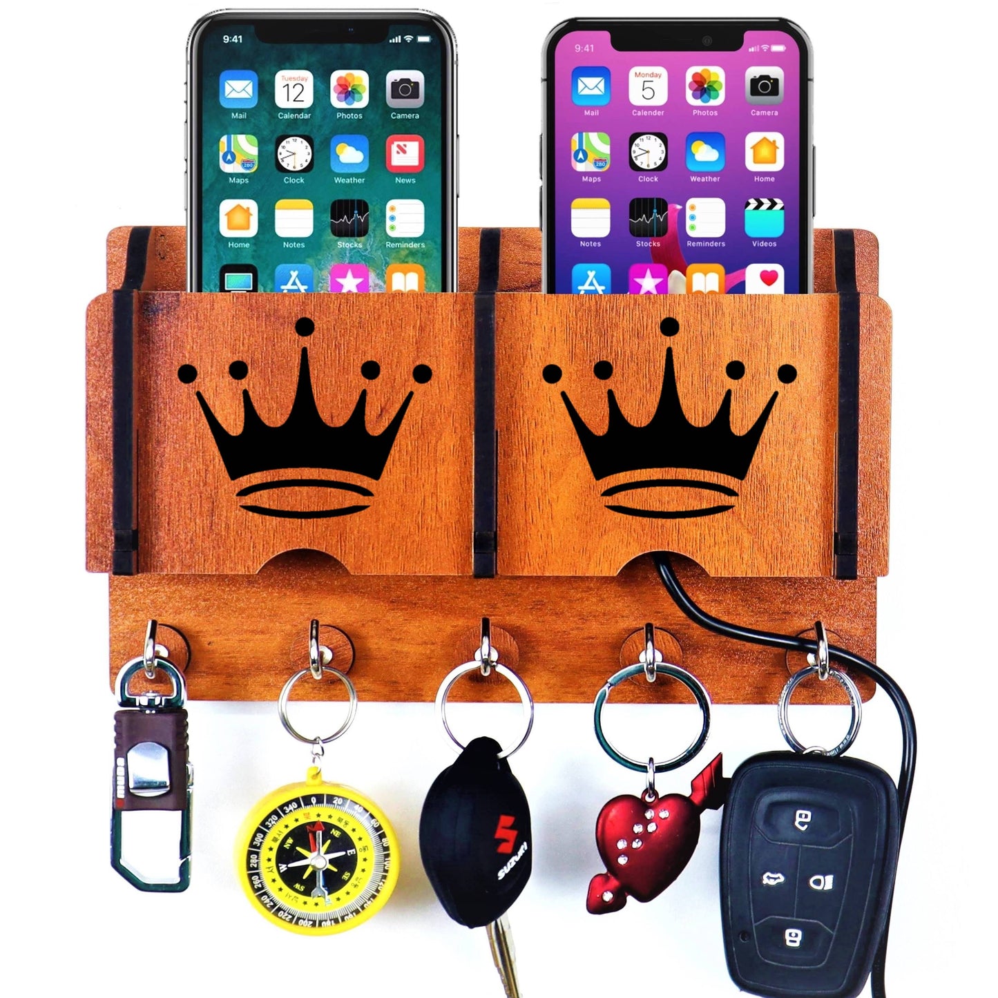 US DZIRE™ 219 Antique Mobile Charging Stand Key Holder, Cloth Hanger Handcrafted Art For Home Decor Living Room Bedroom Wood Key Holder  (5 Hooks, Brown)