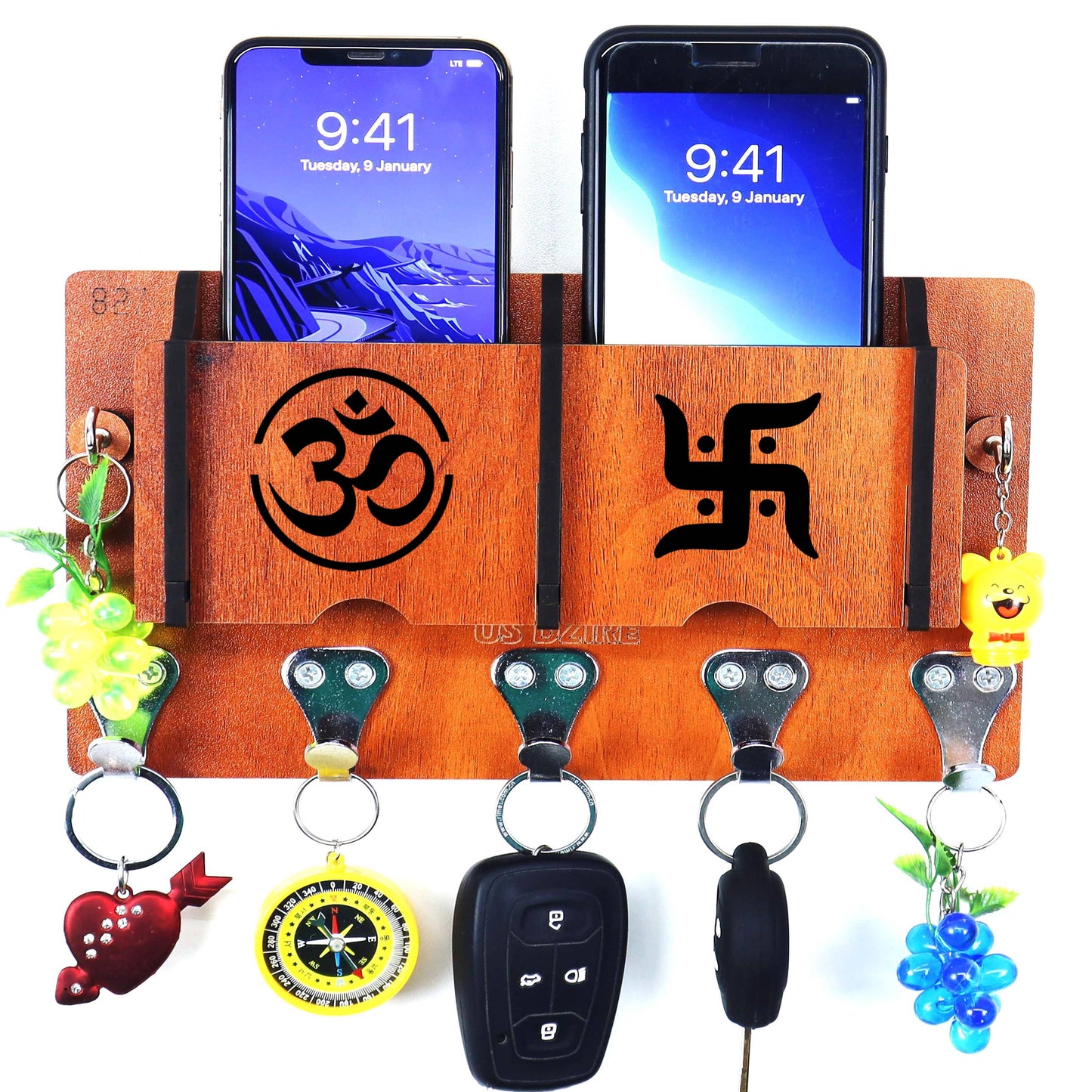 US DZIRE™ 42 Decorative Key Hanger (Brown) Wood Key Holder  (7 Hooks, Brown)