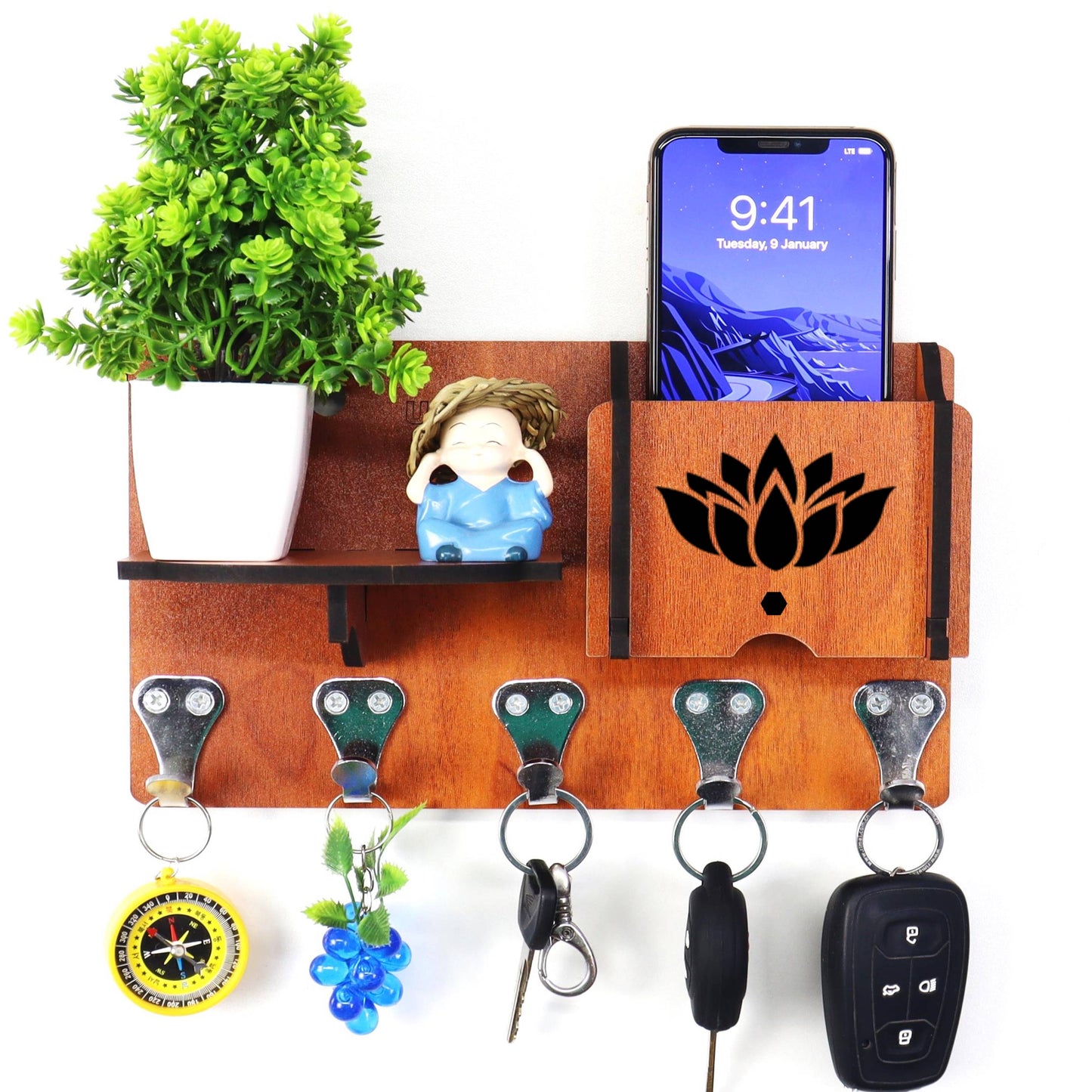 US DZIRE™ 426 Premium Key Holder For Home & Office Wood Key Holder  (5 Hooks, Brown)
