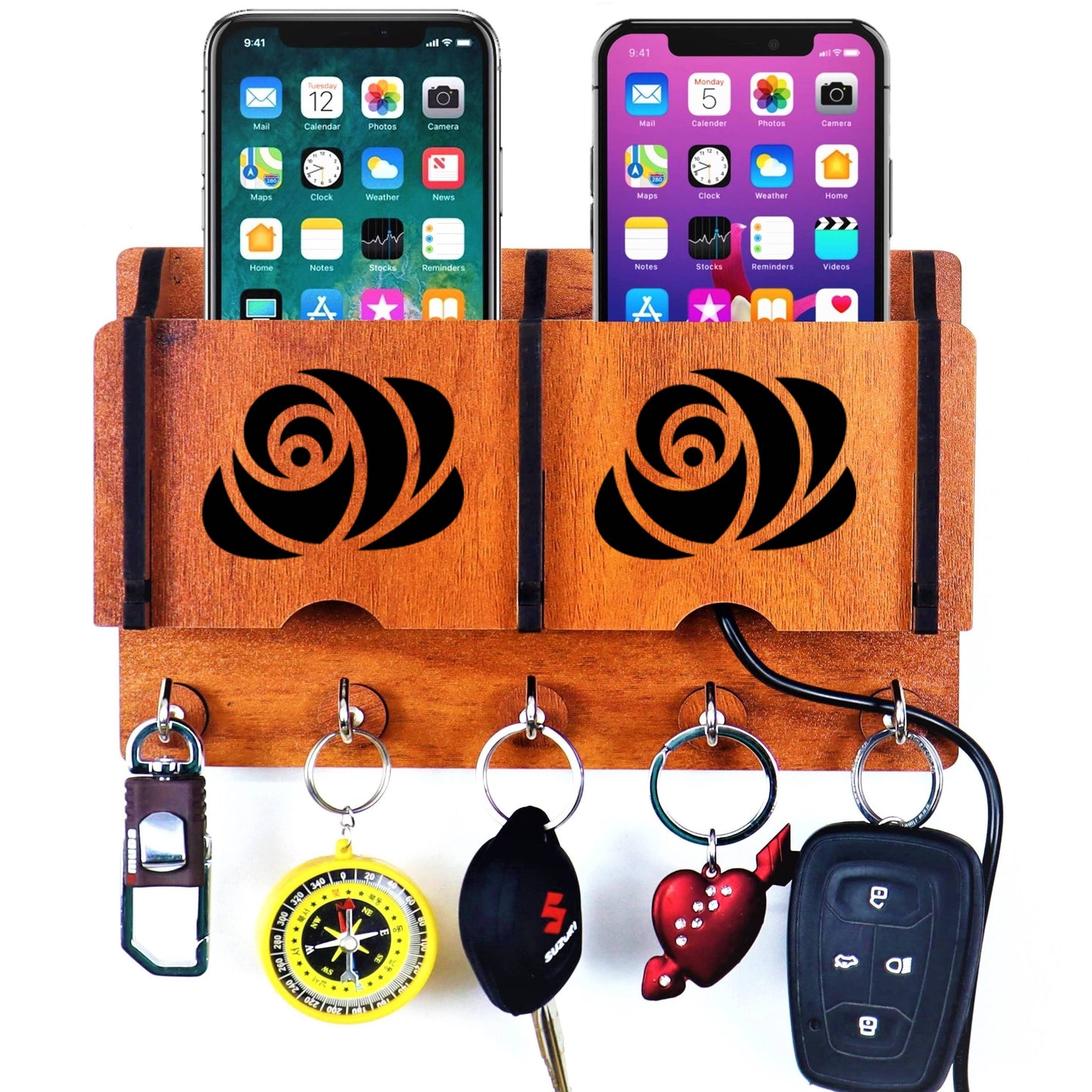 US DZIRE™ 237 Antique Mobile Charging Stand Key Holder, Cloth Hanger Handcrafted Art For Home Decor Living Room Bedroom Wood Key Holder  (5 Hooks, Brown)