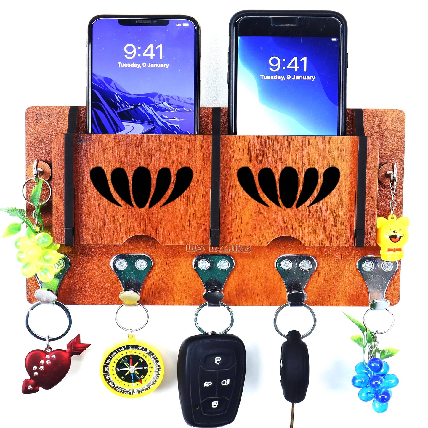 US DZIRE™ 51 Premium Key Holder For Home & Office Wood Key Holder  (7 Hooks, Brown)