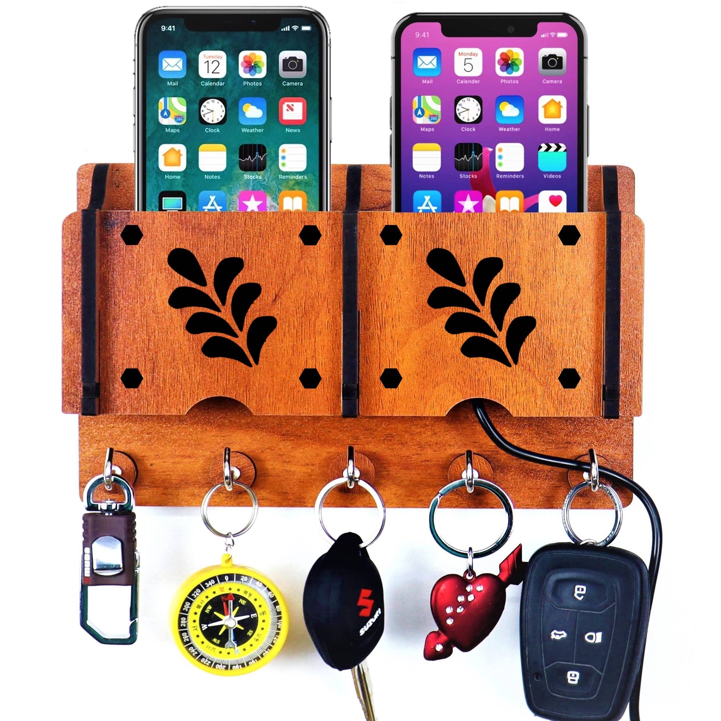 US DZIRE™ 234 Antique Mobile Charging Stand Key Holder, Cloth Hanger Handcrafted Art For Home Decor Living Room Bedroom Wood Key Holder  (5 Hooks, Brown)