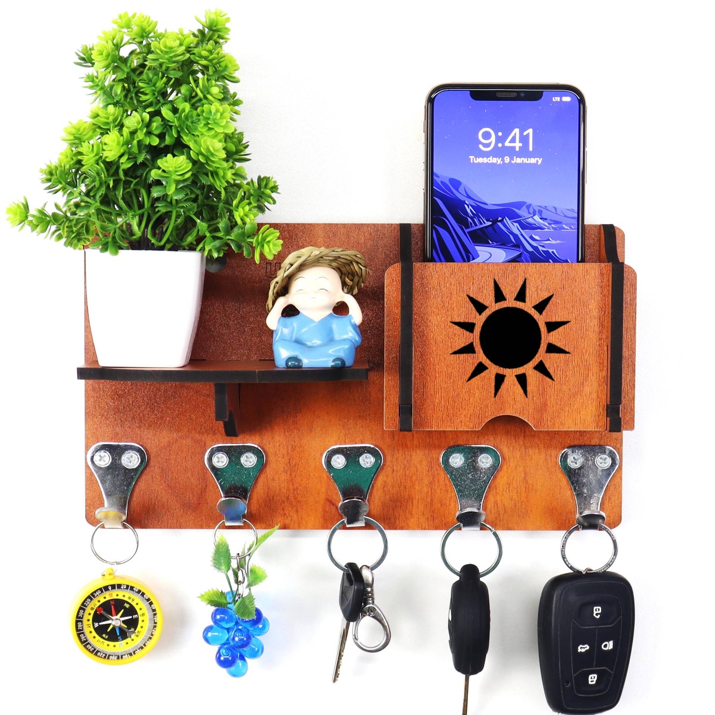 US DZIRE™ 414 Premium Key Holder For Home & Office Wood Key Holder  (5 Hooks, Brown)