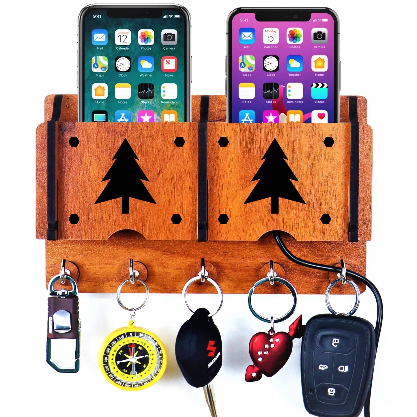 US DZIRE™ 215 Antique Mobile Charging Stand Key Holder, Cloth Hanger Handcrafted Art For Home Decor Living Room Bedroom Wood Key Holder  (5 Hooks, Brown)